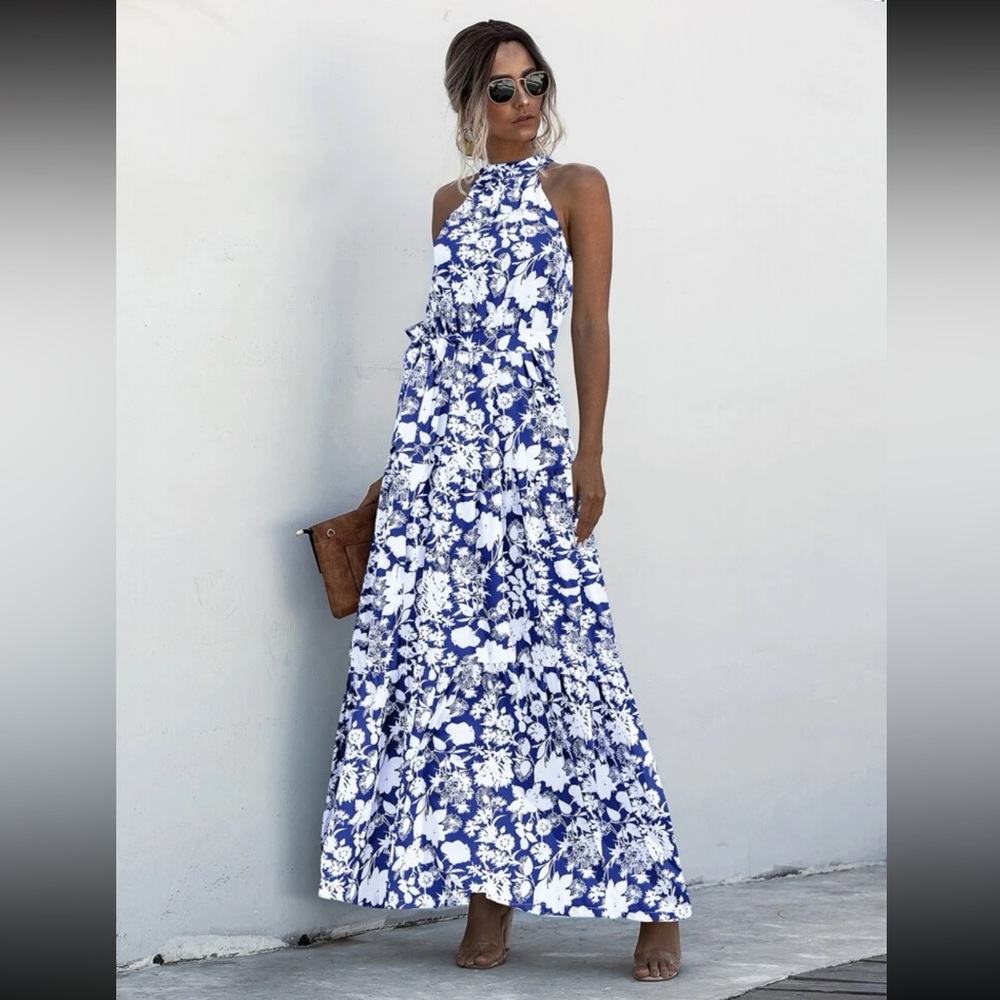 Halter Ruffle Hem VCAY Floral Maxi Dress